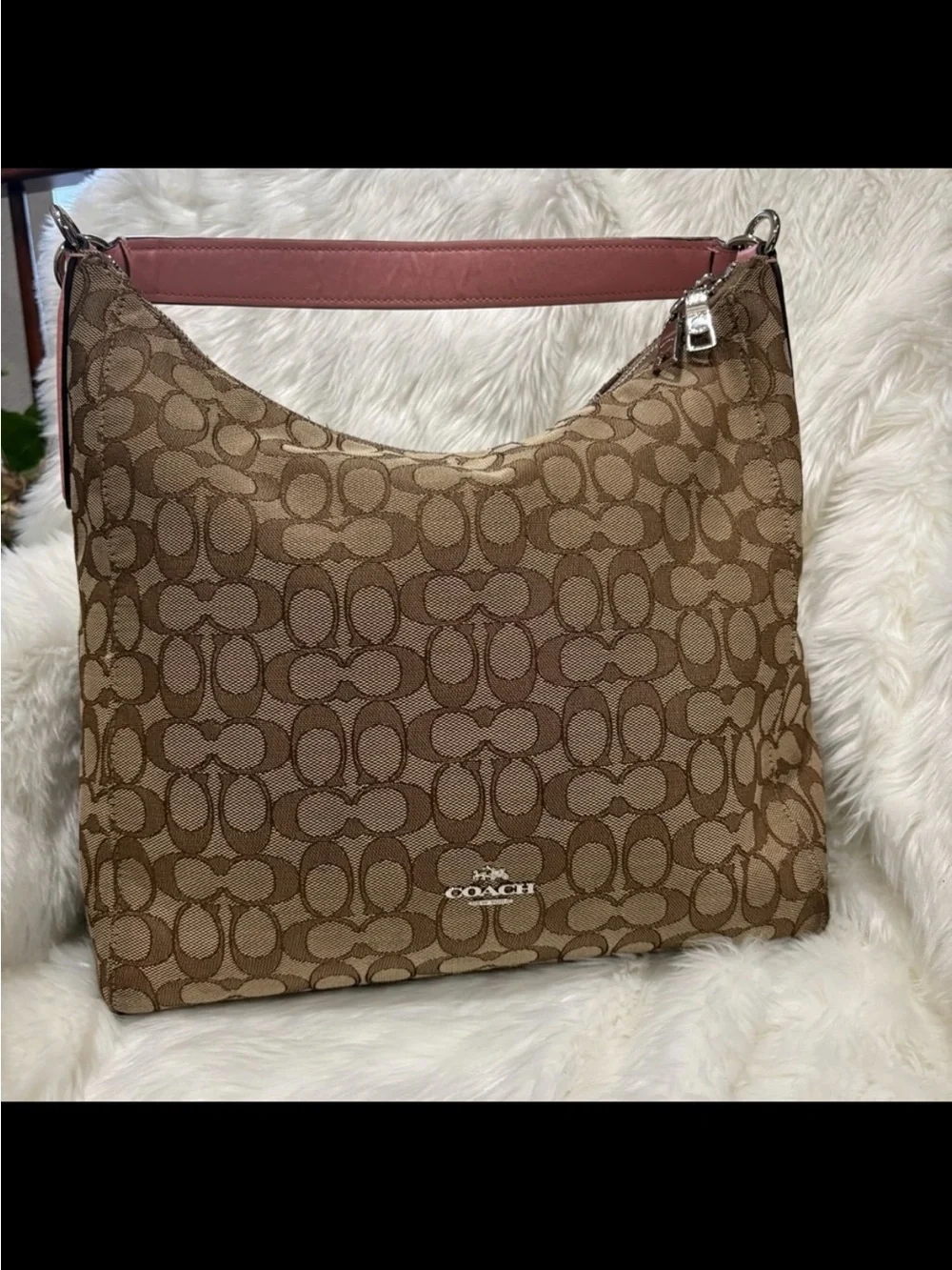 Coach Brown Signature Canvas Shoulder Bag with Pink Strap